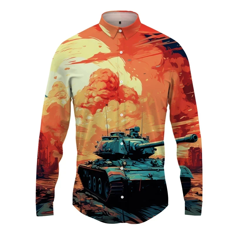 

Tank Pattern 3D Printed Lapel Mens Shirts ManWomen Casual Fashion Long Sleeves Shirts Button Streetwear Oversized Unisex Clothes