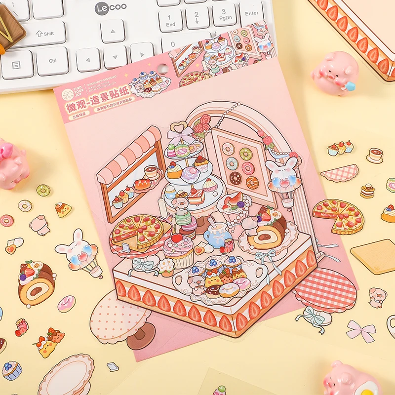 Kawaii 3d cena em miniatura paisagem adesivos dos desenhos animados bolso casa visual empilhamento diy bonito adesivos presentes do festival das crianças