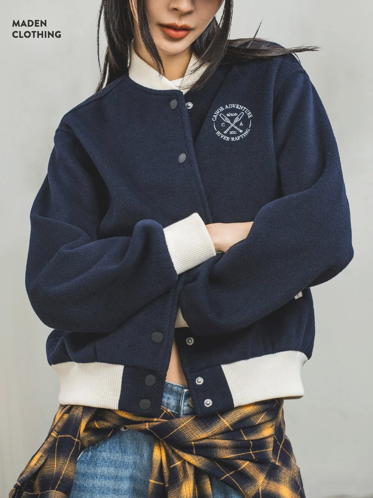 

Maden American College Sle Baseball Jaet Women's Retro Color Blo Embroidery Woolen ort Top Autumn Season Outerwear