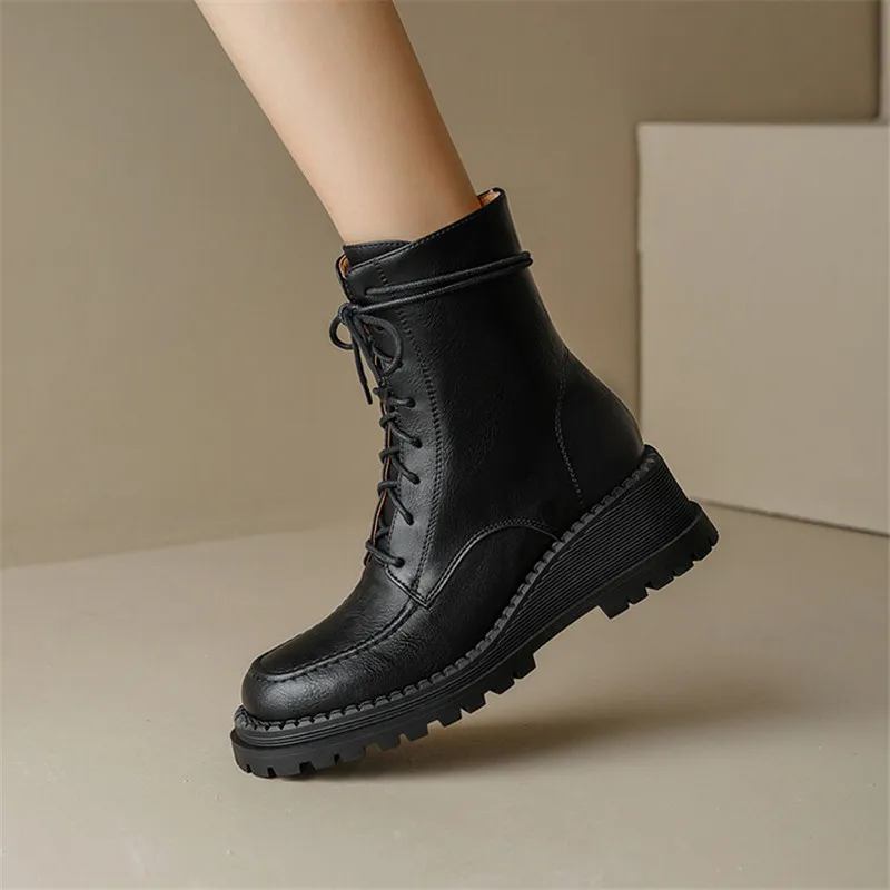 New Split Leather Platform Wedges Women Boots Round Toe Lamb Hair Short Boots for Women High Heels Winter Knee-high Boots Women