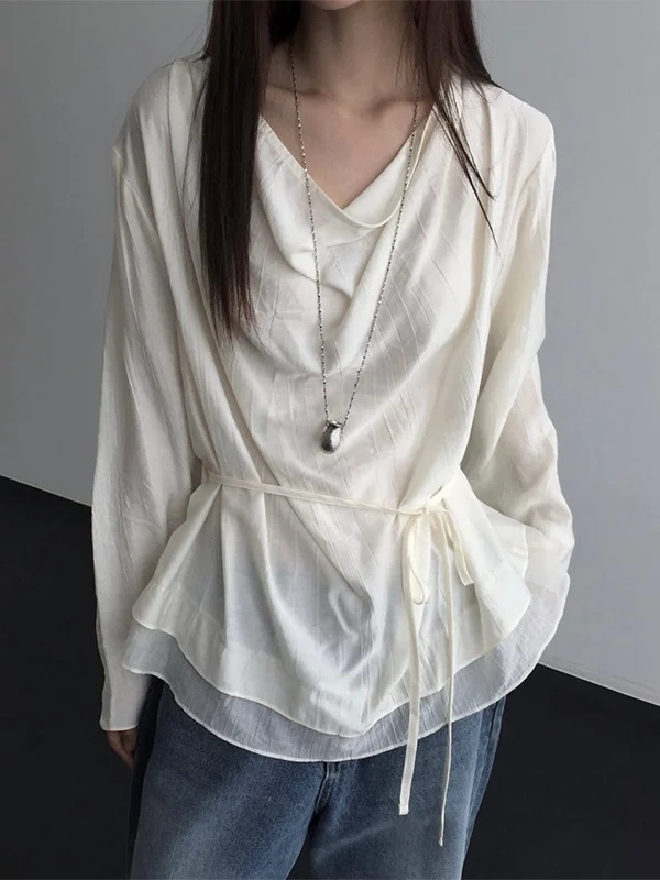 Dames kraag overhemd stropdas taille chique top Franse stijl losse pasvorm lange mouw pure kleur herfstmode blouse