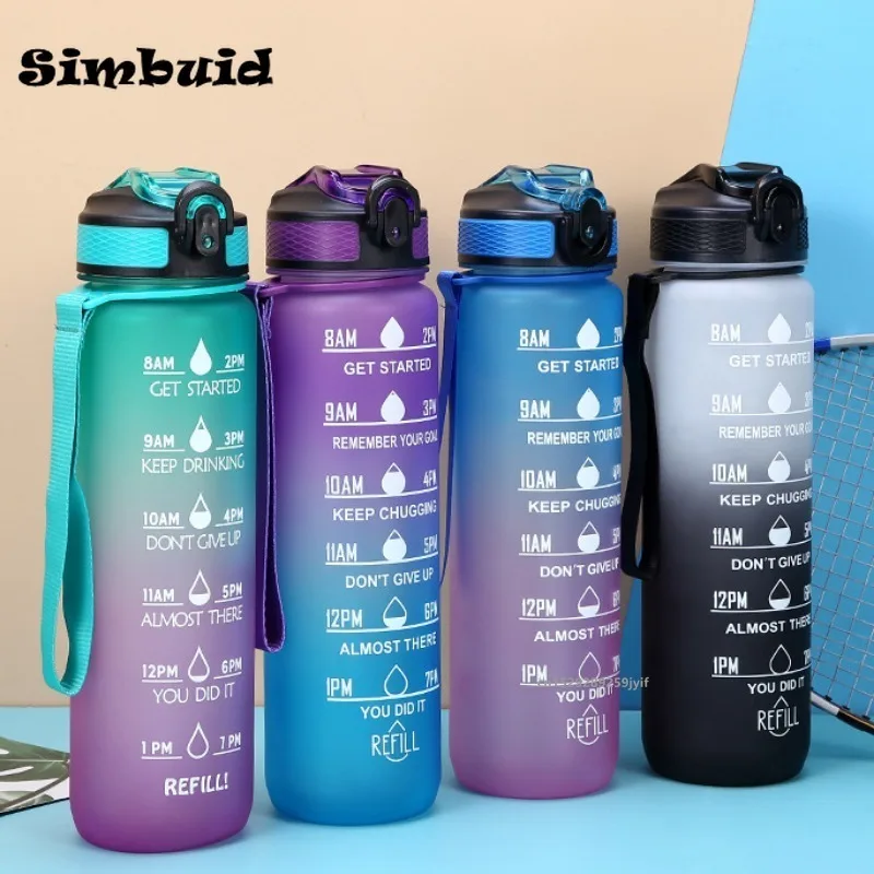 600ML/750ML/1000ML Sports Water Bottle Gradient Color Motivational Bottle with Time Marker Leak-proof Cup Gym Outdoor Drinkware