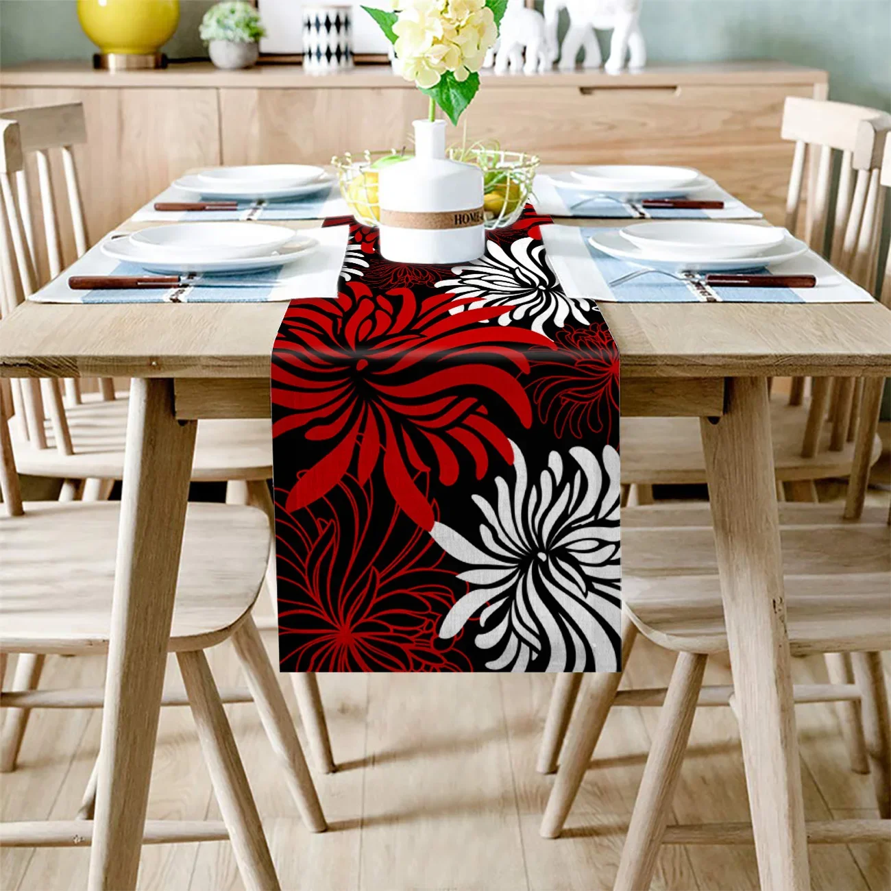 Red Black White Flower Chrysanthemum Linen Table Runners Kitchen Table Decoration Dining Table Runner Wedding Party Supplies