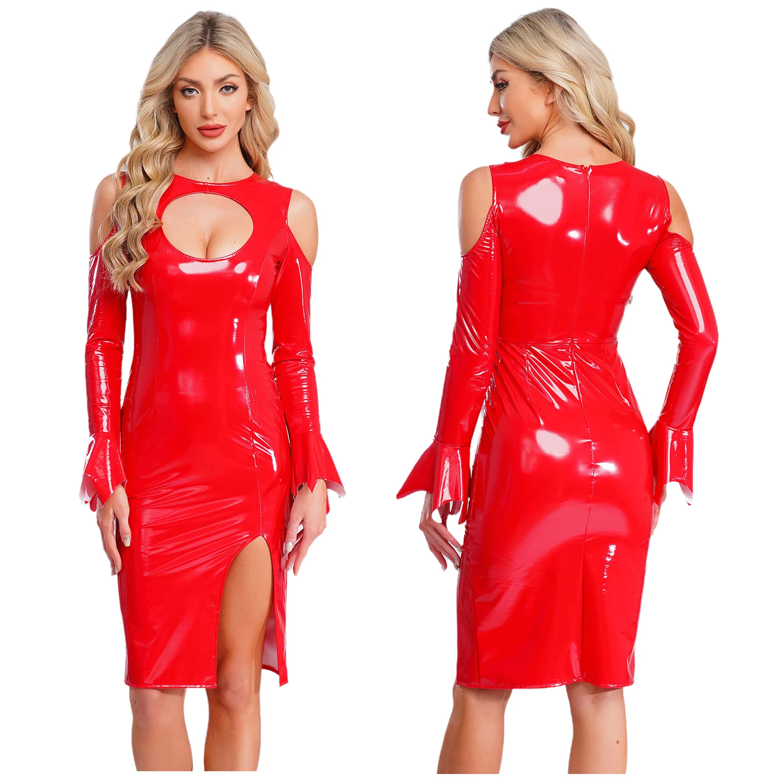 

Women Sissy PU Leather Wet Look Dress High Slit Cold Shoulder Skinny Dress for Dating Party Club Raves Fancy Dress-up Costumes