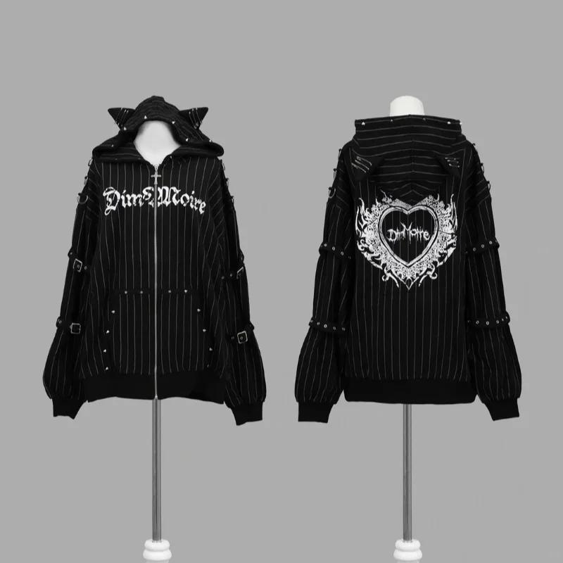Autumn American Vintage Y2K Punk Coat Women Zipper Striped Loose Cat Ear Hoodie Subculture Heavy Craft Street Style Sweatshirt