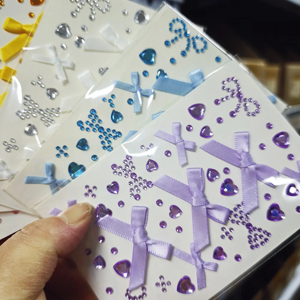 2/6pcs 3D Pink Purple Love Heart Gems Face Diamond Sticker Sweet Silk Ribbon Bow Crystal Bowtie Facial Makeup Decal Face Gems De