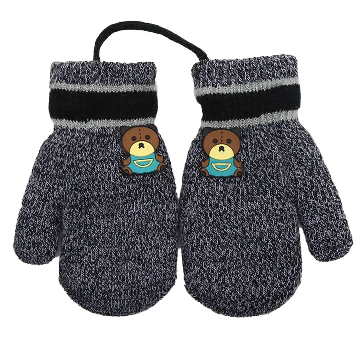 A24I Toddler Kids Short Knitted Gloves Winter Thick Fleece Lining Mittens for 1-3 Years Old Black