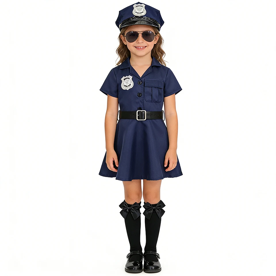 Kids Police Costume Girls Police Officer Dress Up Halloween Cosplay Pretend Play Uniform Carnival Themed Party Children Costume