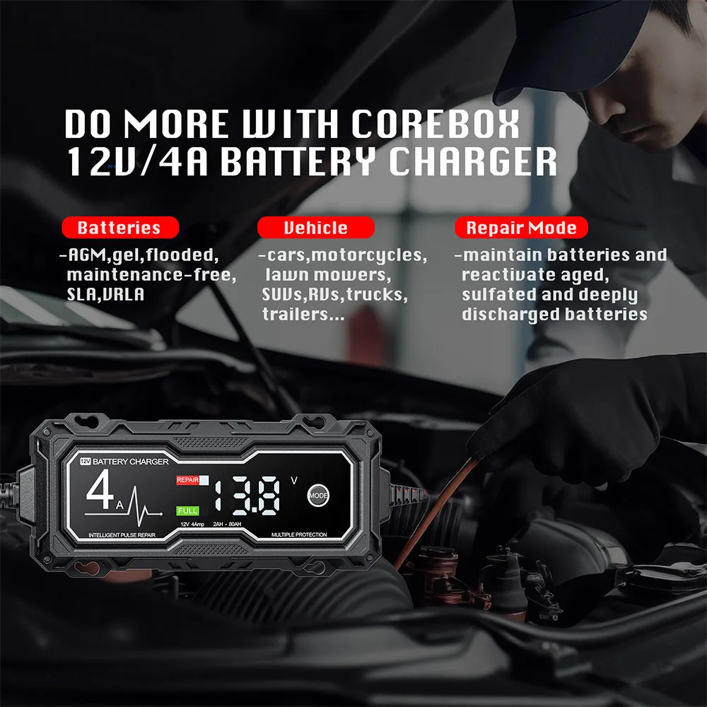 LCD Display Car Motorcycle Battery Charger Multiple protection 12V 4A Intelligent Chargers Pulse Repair AGM Battery Charger