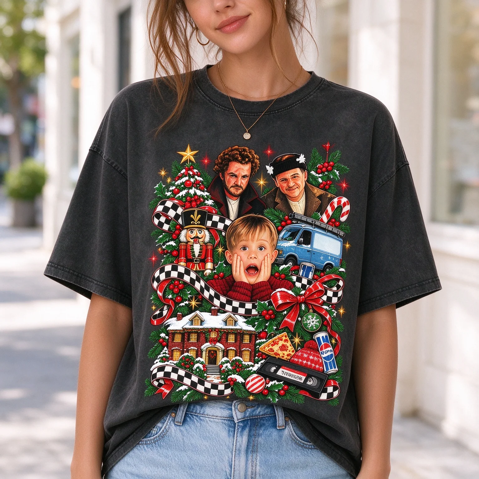 Vintage Washed Home Alone Movie Collage Graphic T Shirt Women Retro Christmas Film Character Print Short Sleeve  Holiday Tee