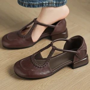 Women's cow leather narrow band t-strap slip-on flats high quality soft comfortable round toe hook&loop casual female shoes 33