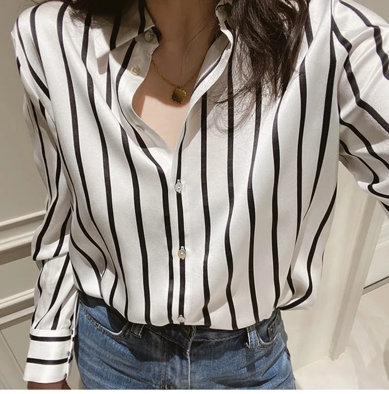 女性用サテンストライプシャツ,ヴィンテージブラウス,シルク,ルーズ,ファッショナブル,長袖トップス,プリント,新作コレクション