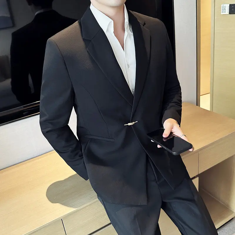 

Retro Briti Sle Slim Fit Suit Set Casual Metal Bule Design Two Piece Set Busin Leisure Pants Faionable Polyester F...