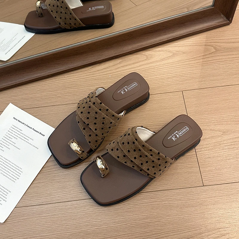 Concise Metal Clip On Thick Sole Shoes Ladies Outdoor Beach Vacation Dress Slides Summer Polka Dot Slip On Women Slippers