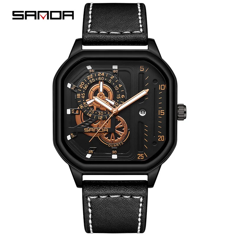 

Fashion Sanda Top Brand Luxury Outdoor Sport Mens Casual Waterproof Military Quartz Leather Square Watches Relogio Masculino