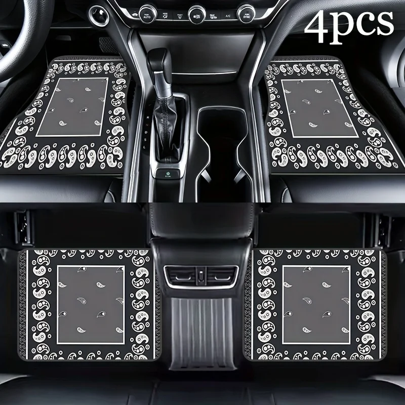 Taiji Cashew Flower Trendy Car Floor Mats 4pcs Set With Black And White Cool Patterns, Fully Enclosed, Infused With Trendy Genes