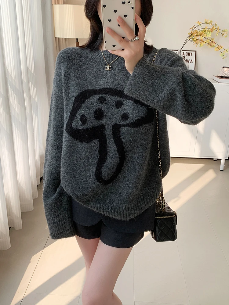 

Свободный вязаный свитер с узором «Мусум» из шерсти альпаки, женский модный повседневный свитер с длинными рукавами, круглый вырез