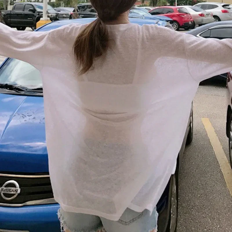 Women Loose O-Neck Long Sleeve See Through Side Split T-shirts Summer Female Sand Beachwear Tee Shirt Tops YMFZC-HC-9121