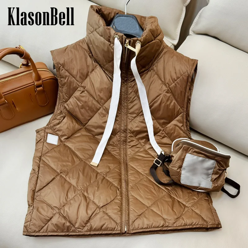 

9.6 KlasonBell Women Solid Quilted Argyle Plaid Goose Down Vest Drawstring Stand Collar Zipper Sleeveless Down Vest Outerwear