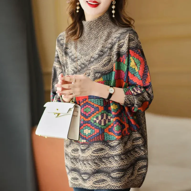 

Autumn and Winter Color Half Turtle Neck Mink Plush Sweater for Women 2025 Young Print Colorful Loose Base Shirt