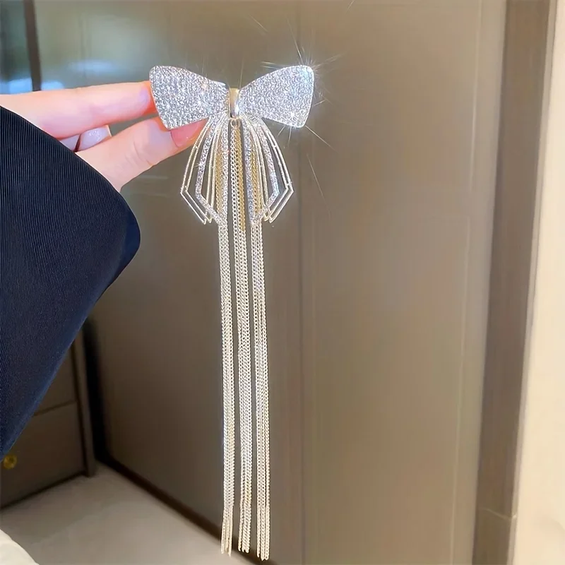 1 piece girls super fairy beauty senior sense of diamond bow tassel hair clips female back of the head half tie hair spring clip