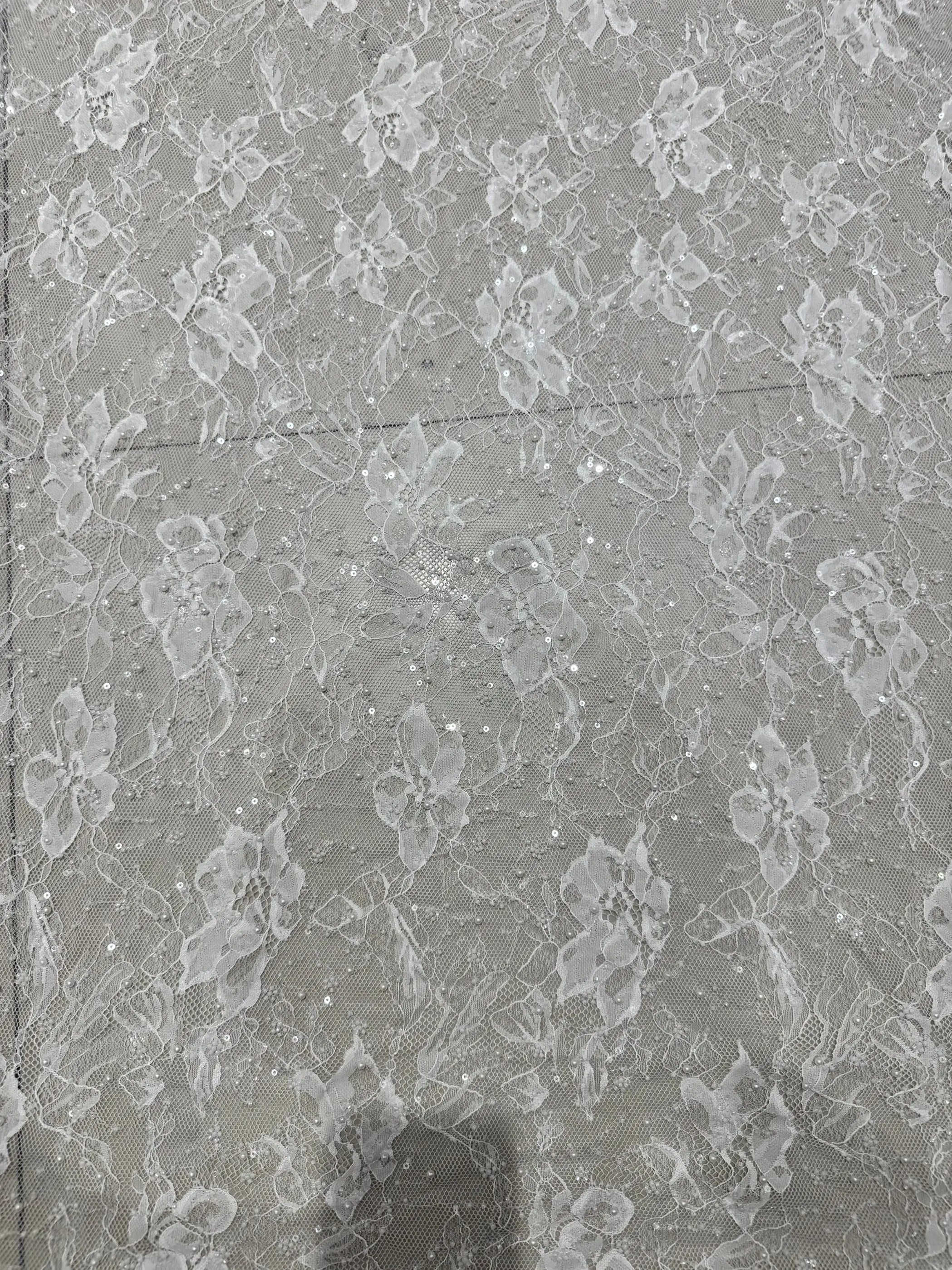 Ivory Material Heavy Embroidered Pearl And Sequin Lace Fabric for Bridal Gown Tulle Lace Beaded Wedding Dress Material