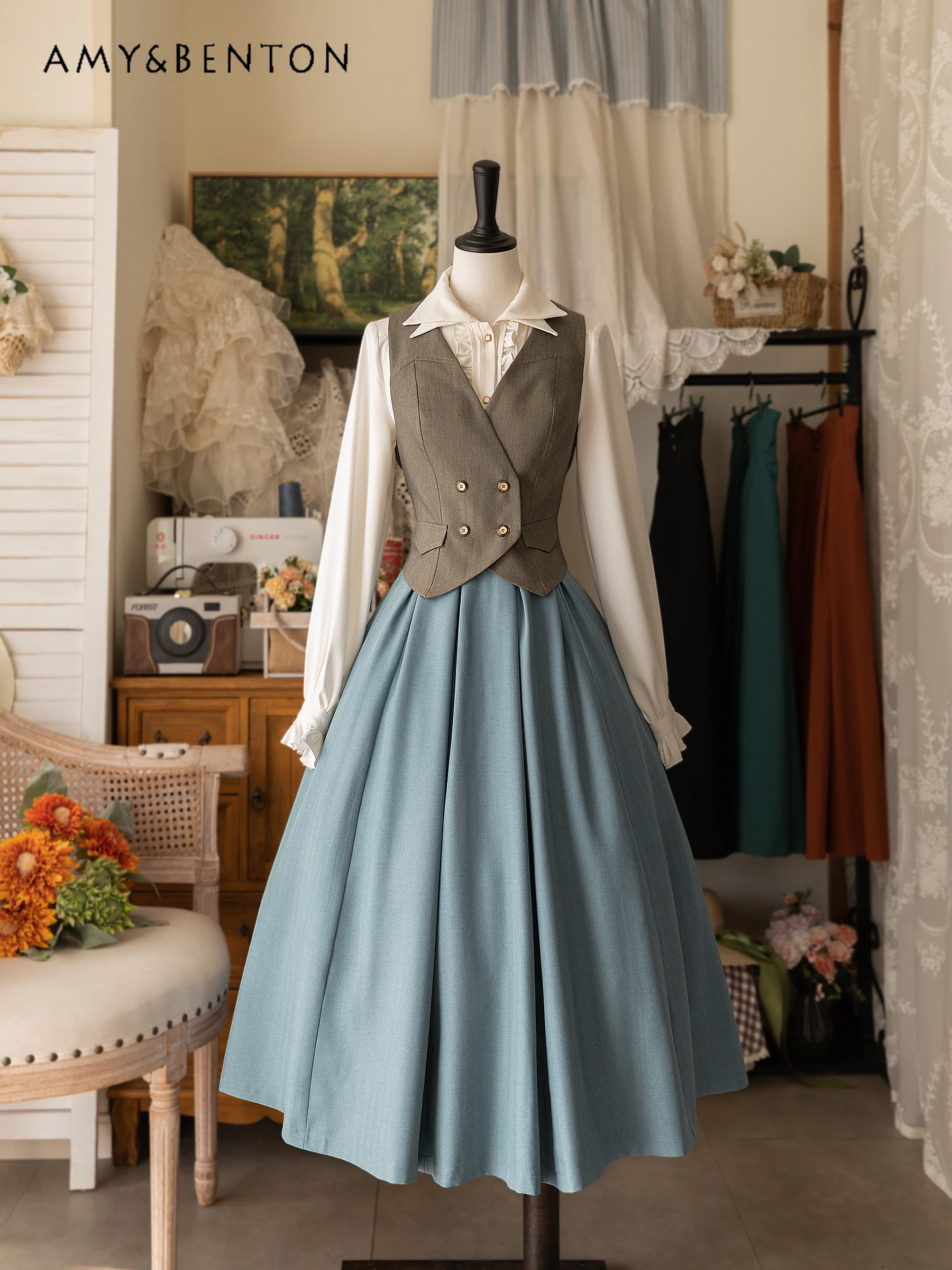 Saia retrô britânica de cintura alta feminina, graciosa saia lolita, saia midi-panturrilha fina, elegante e clássica, diária, primavera, todos os