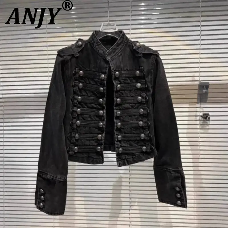 ANJY Spring Autumn New Women Heavy Moto Biker Style Stand Collar Short Jacket Trendy Fashion Patchwork Buttons Denim Coat A24252
