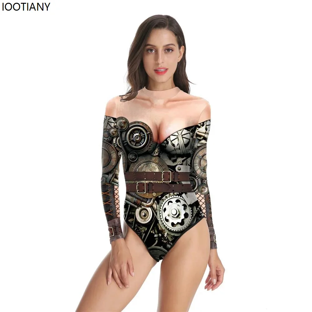 

IOOTIANY Mechanical Gear Pattern Printed Women Swimsuit Summer Casual Long Sleeve Beachwear Bathing Suit Sexy Tight Swimwear New