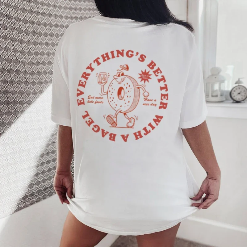 

Back Print Retro Cartoon Bagel T Shirt Women Cute Funny Foodie T-Shirts Bread Lover Shirt Unisex Oversized Vintage Graphic Tees