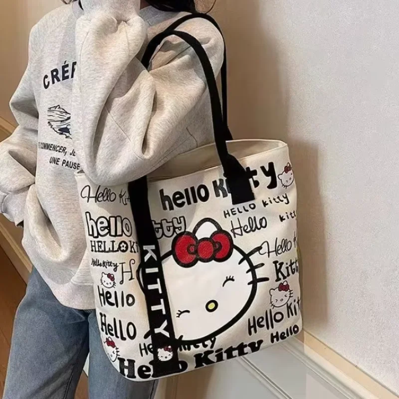 

Sanrio Hello Kitty Canvas Bag Cartoon Women's Shoulder Bag Japanese Lightweight Large Capacity Shopping Bag For Girls Gifts