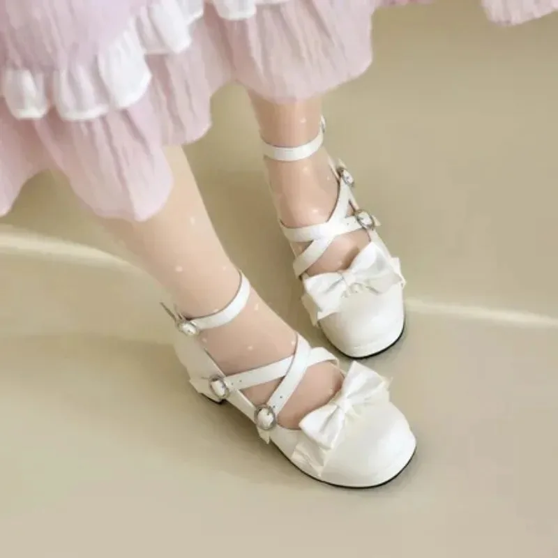 Wiosenne damskie szpilki Mary Jane na platformie, czółenka na imprezę, ślub, białe, różowe, sznurowane, z kokardą, księżniczka, cosplay, letnie buty Lolita, 2025 — zdjęcie 5