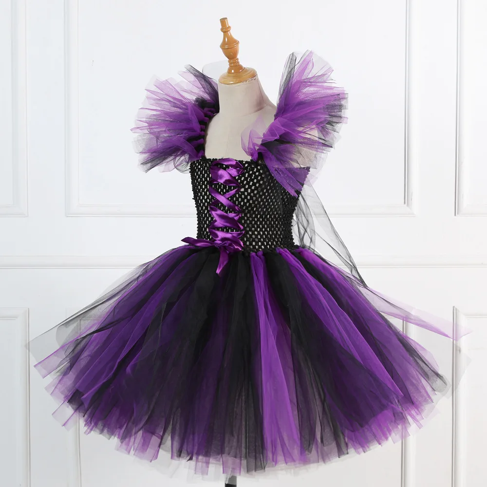 Halloween Maleficent Costume for Girls 2024 Fancy Purple Tutu Dress Kids Cosplay Demon Queen Witch Carnival Party Clothes