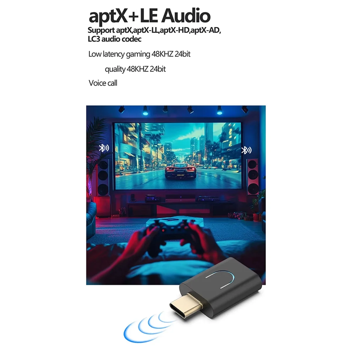 SMIEA Tebe LE Audio LC3 BT 5.4 جهاز إرسال صوتي AptX-LL/HD Type-C محول موسيقى ستيريو لاسلكي مع Auracast لتلفزيون الكمبيوتر PS4/5