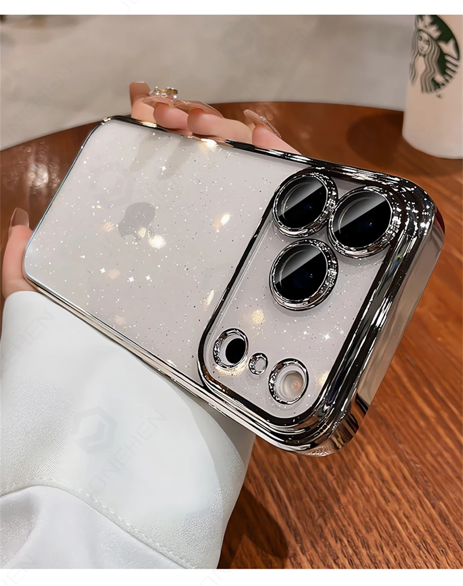 Luxuriöse Transparente Glitzer-Schutzhülle für iPhone 12 13 14 15 16 17 18 Pro Max mit Orangefarbener Beschichtung, Stoßfänger und Hartglas-Objektivabdeckung – Detail 14