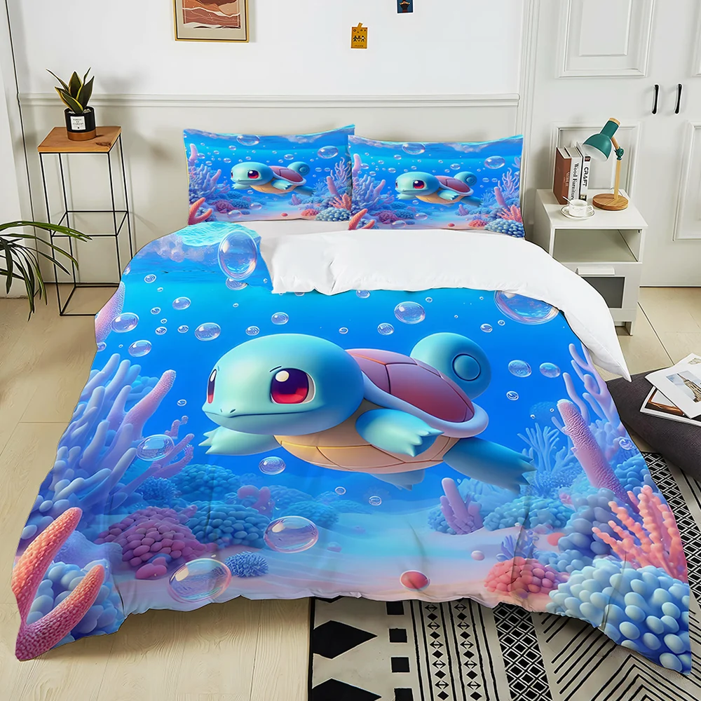 3PC Pokemon Squirtle Print Bedding Set Duvet Cover 1 Duvet Cover 2 Pillowcases Adult and Children Bedding Set Luxury for Gifts