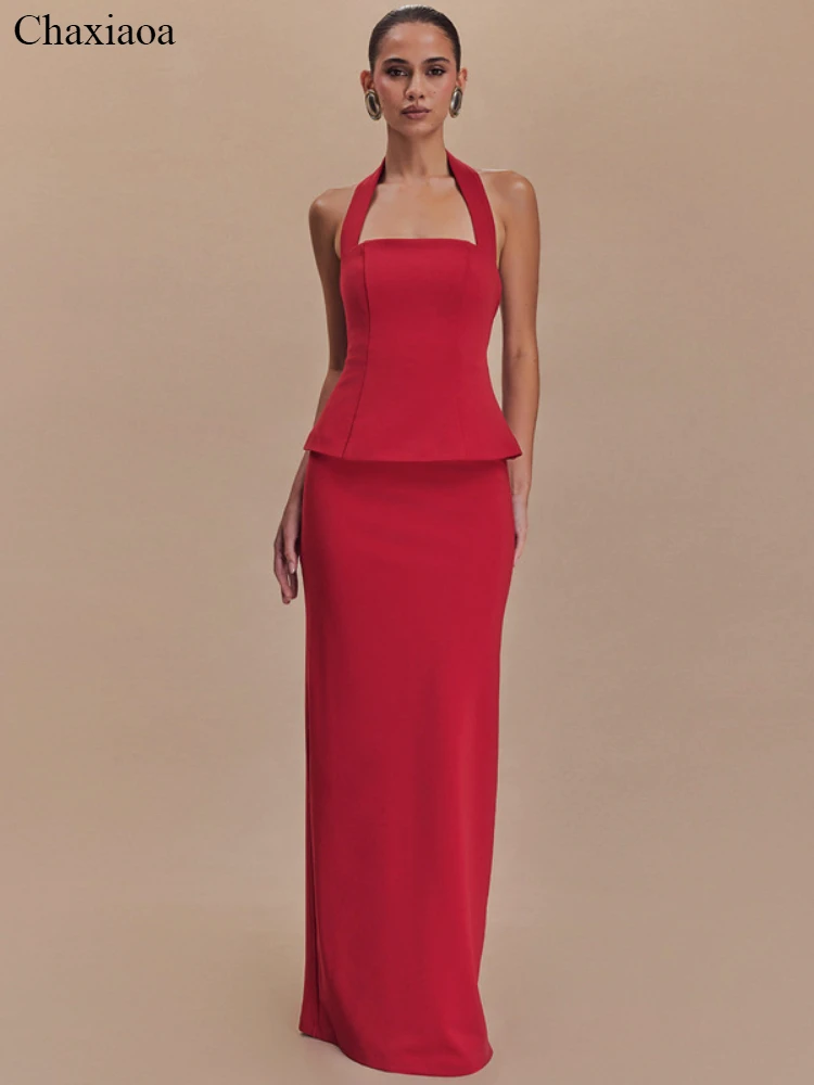 

Chaxiaoa Backless Sexy 2 Piece Sets Women Solid Square Collar Halter Tops and Long Skirt Female Slim Fit Club Two Piece Sets