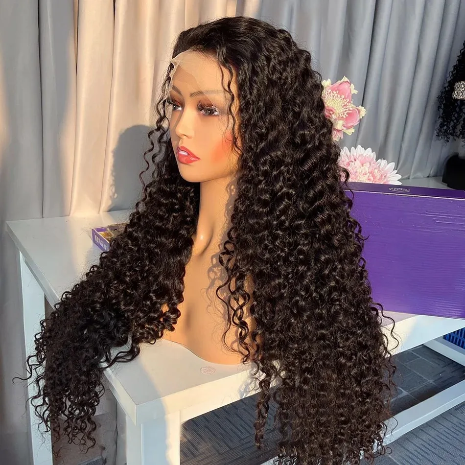 Peluca Frontal de encaje rizado de cabello humano 13x4 HD onda profunda 8- 40 pulgadas pelucas delanteras de encaje 13x4 brasileño Pre desplumado Warer negro rizado