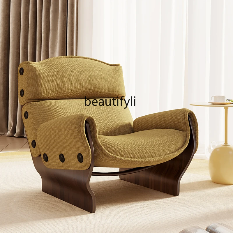 

Minimalist designer medieval solid wood single sofa chair living room hotel homestay room fabric lazy sofa