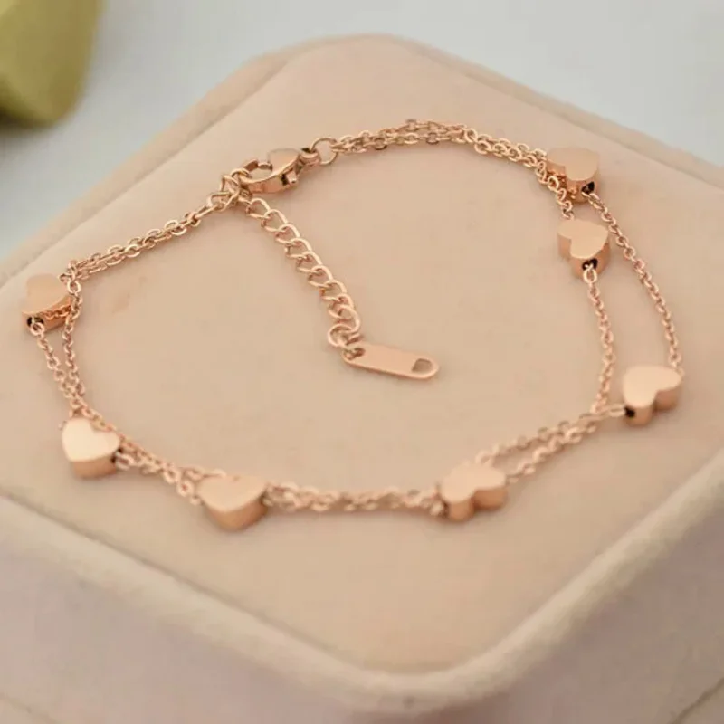 

Hot Sale Fashion Women Girls Lover Rose Gold Heart Bracelets Titanium Steel Small Seven Hearts Anklet Bracelets Jewelry