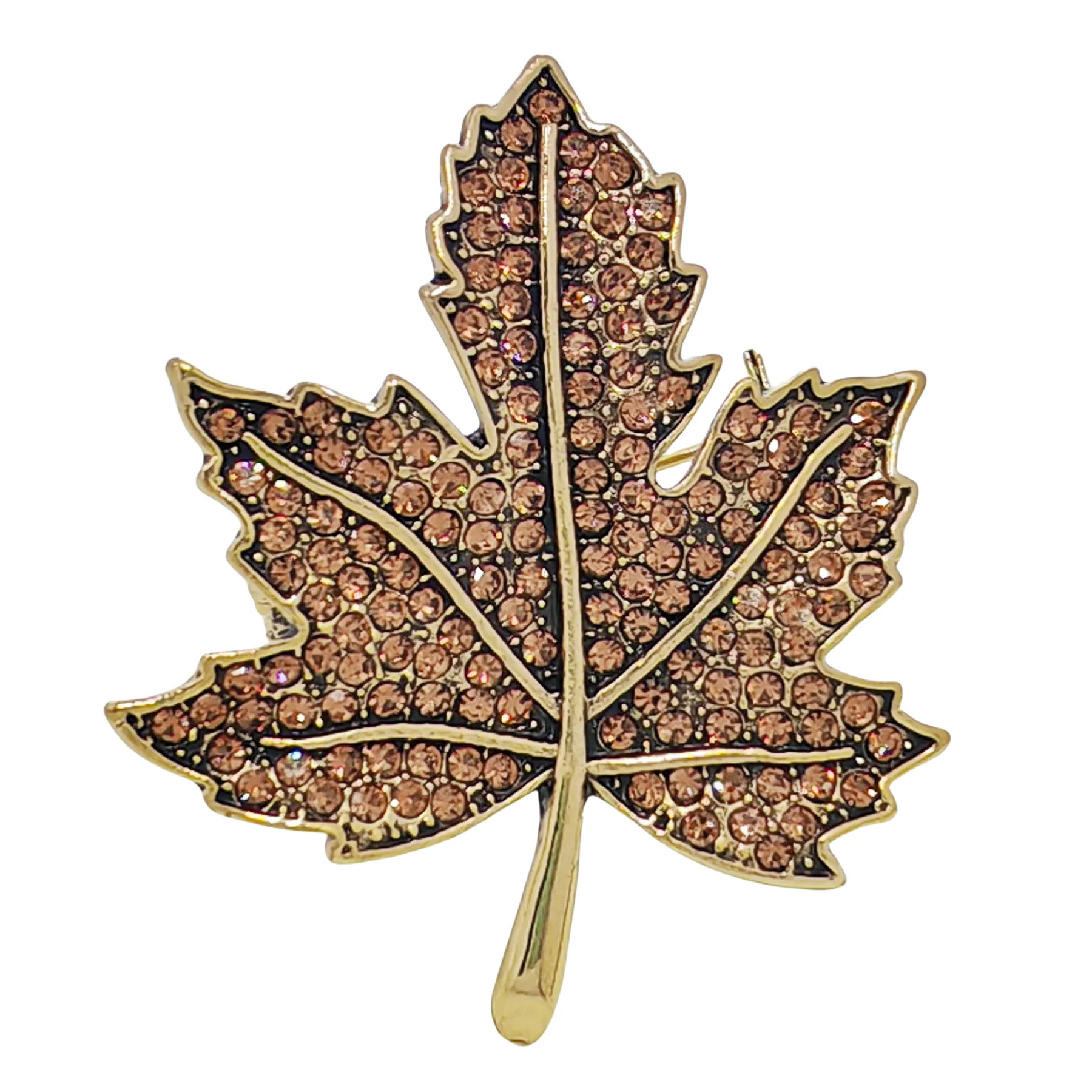

1970's Vintage Champagne Brown Crystal Fall Leaf Brooch Pin Autumn Winter Jewelry