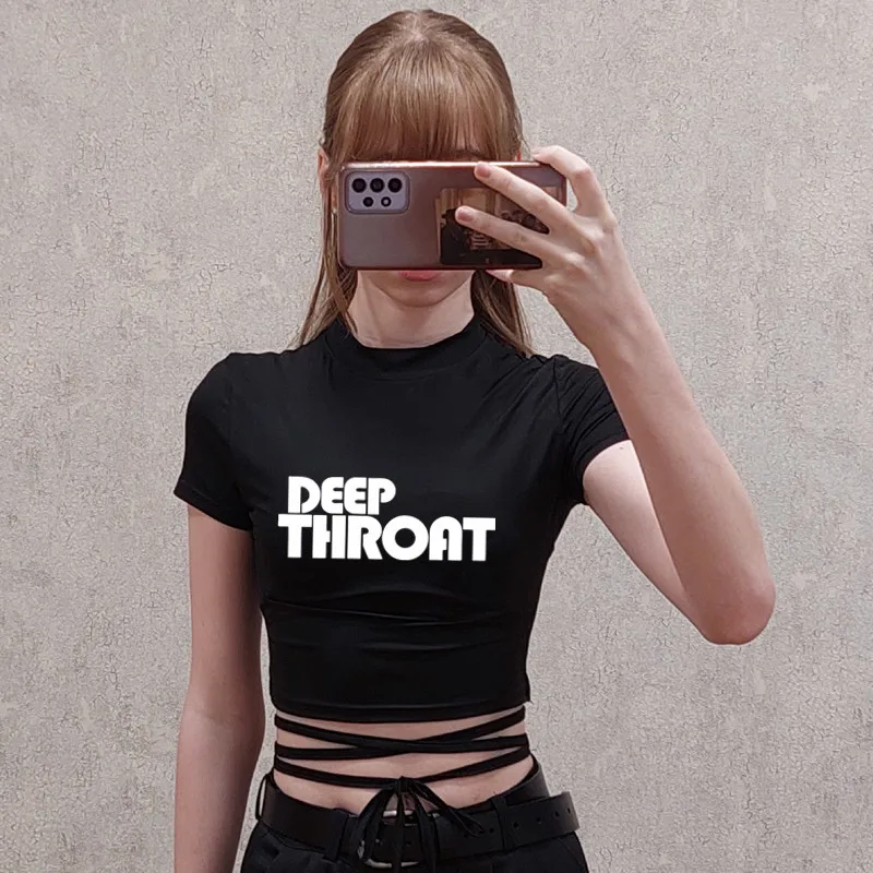 DEEP THROAD Women Crop Top Black Short Crop Bandage Tee Tops Fashion Girls Sexy TShirt Casual Short Sleeve Female Shirt Harajuku