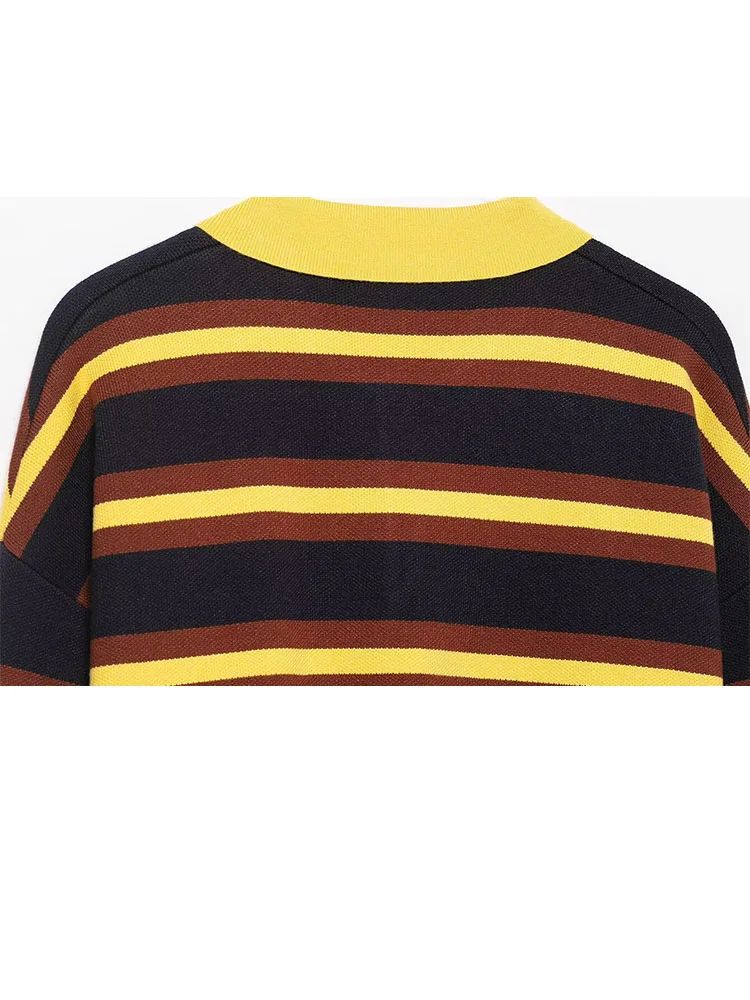 HH جديد المرأة المشارب طويلة الأكمام زر الديكور بولو طوق البلوز محبوك سترة الإناث سليم صالح الترفيه القمم #4