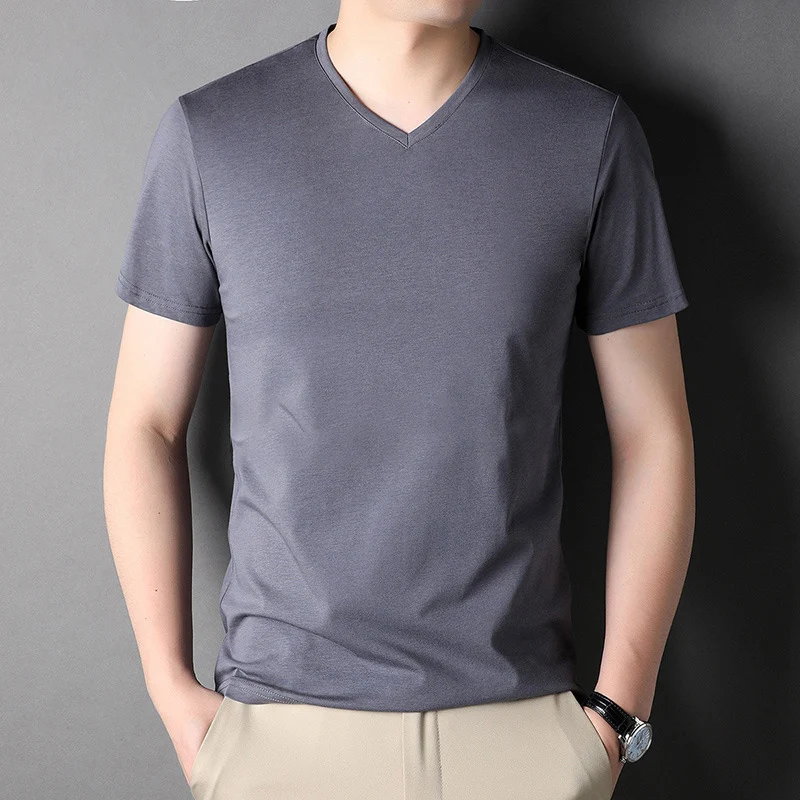 BROWON Brand Mulberry Silk T-shirt Men 2024 Fashion Summer Thin Short Sleeve Men Tshirt Solid V-Neck Collar Regular Men Clothing