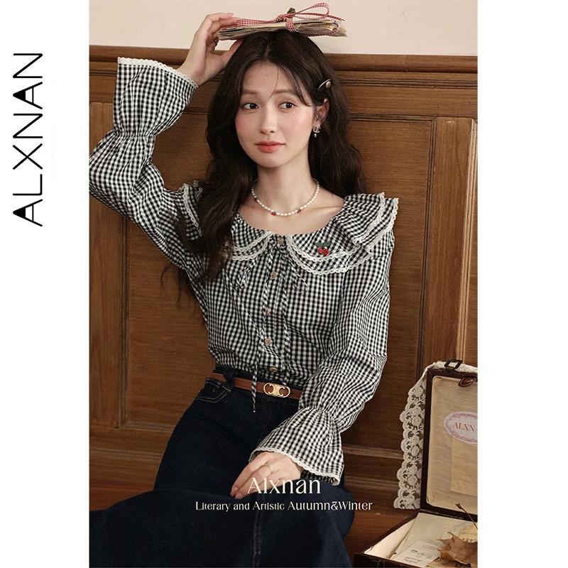 

ALXNAN Women's Shirt Black White Plaid Doll Collar Vintage Cotton 100% Blouses 2025 Autumn Lace-trimmed Long Sleeve Top L56770