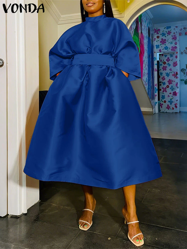 Plus Size Women Dress Solid Elegant Belt Work OL Sundress VONDA 2025 Fashion 3/4 Sleeve Mid-Calf Vestidos Autumn Loose Robe