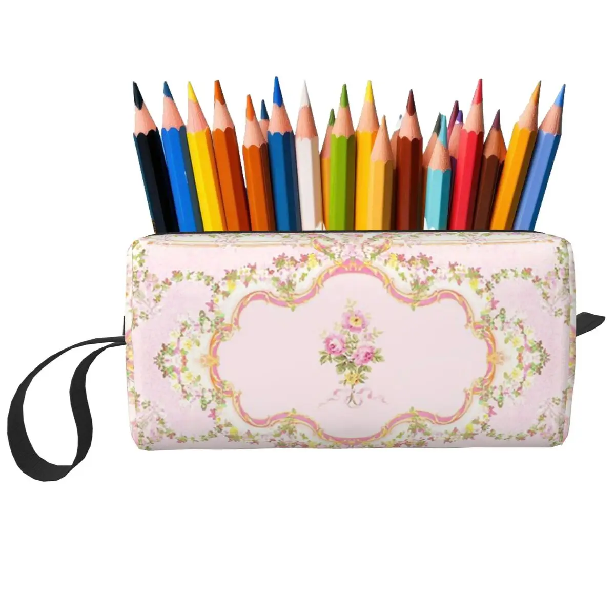 

French Rococo Pink Floral Watercolor Panel Pencil Case for Studen Gifts Pen Box Pencil Bag Women Cosmetic Bag Organizer Pouch
