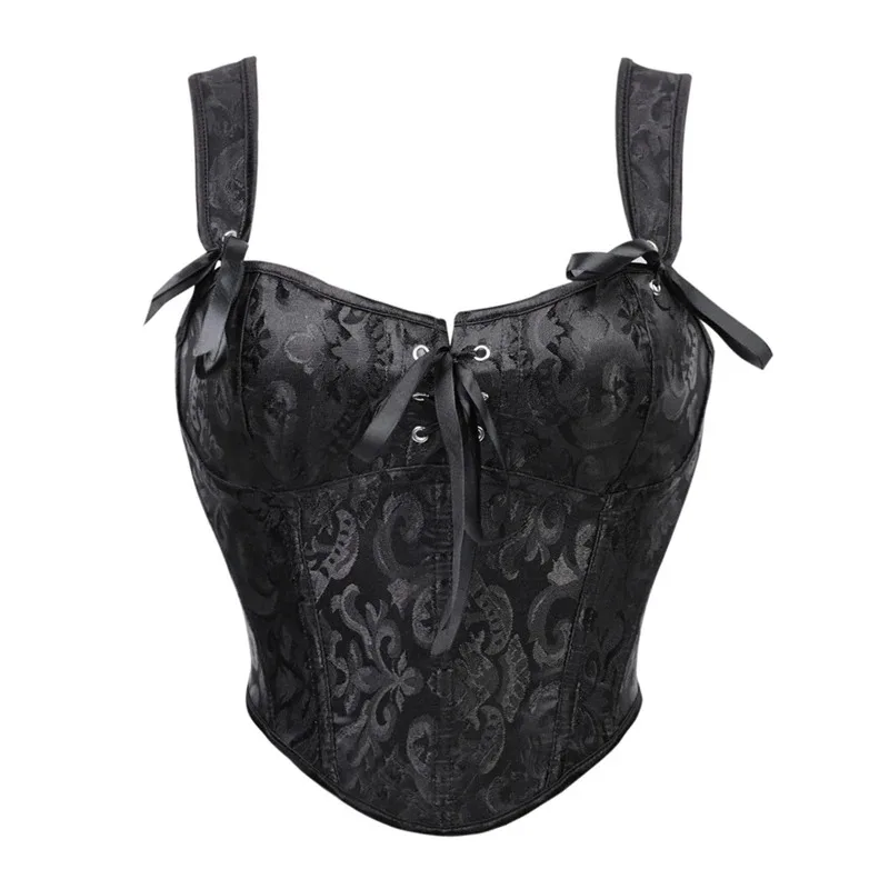 

Черный жаккардовый корсет, сексуальные бретели, бюстье с завышенной талией, укороченный топ на шнуровке, парчовый жилет, нижнее белье, готический женский наряд