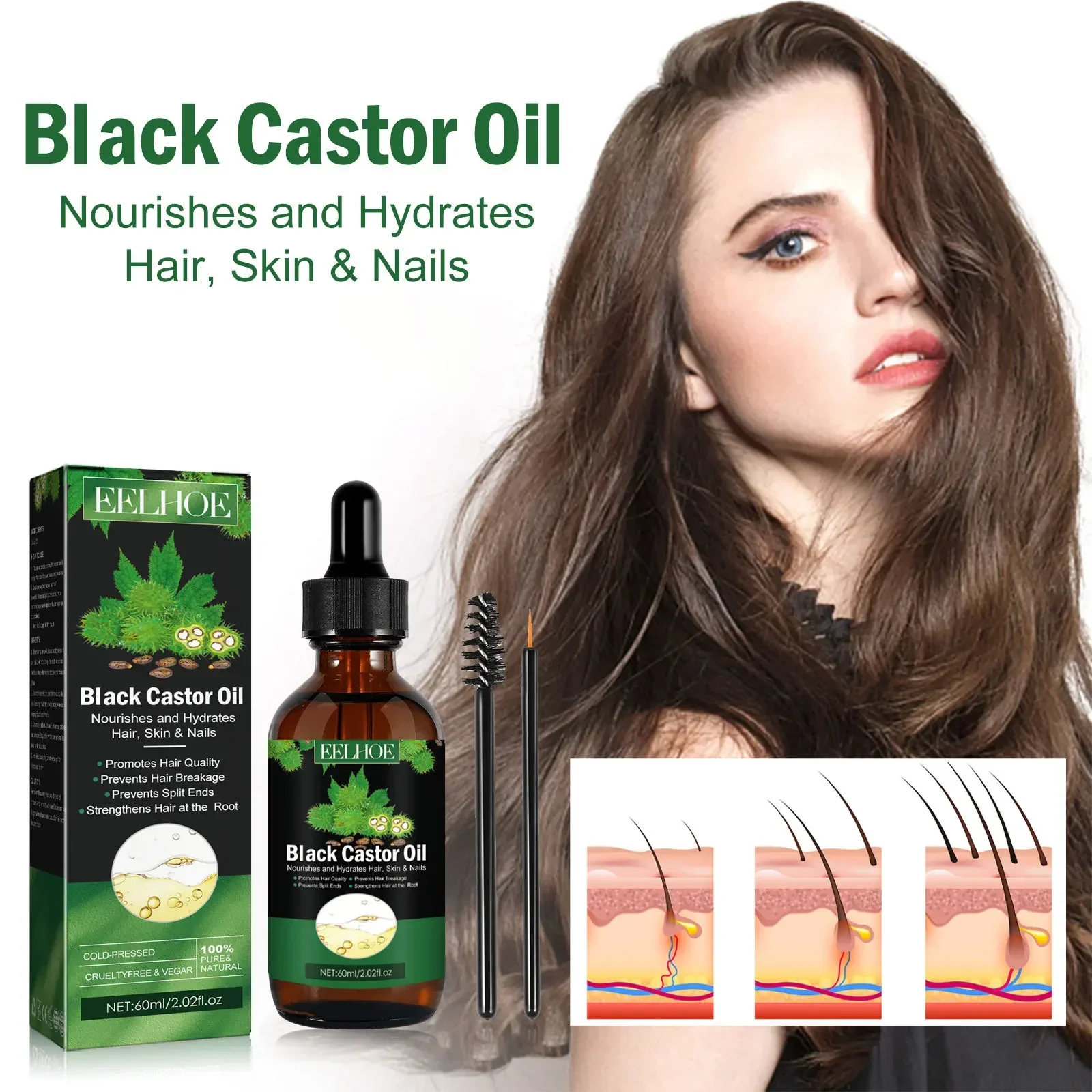 Eelhoe Castor Oil Dense Hair Liquid Moistens Hair Root and Strengthens Hairs Eyebrow Eyelashes Natural Thick Long hair growth