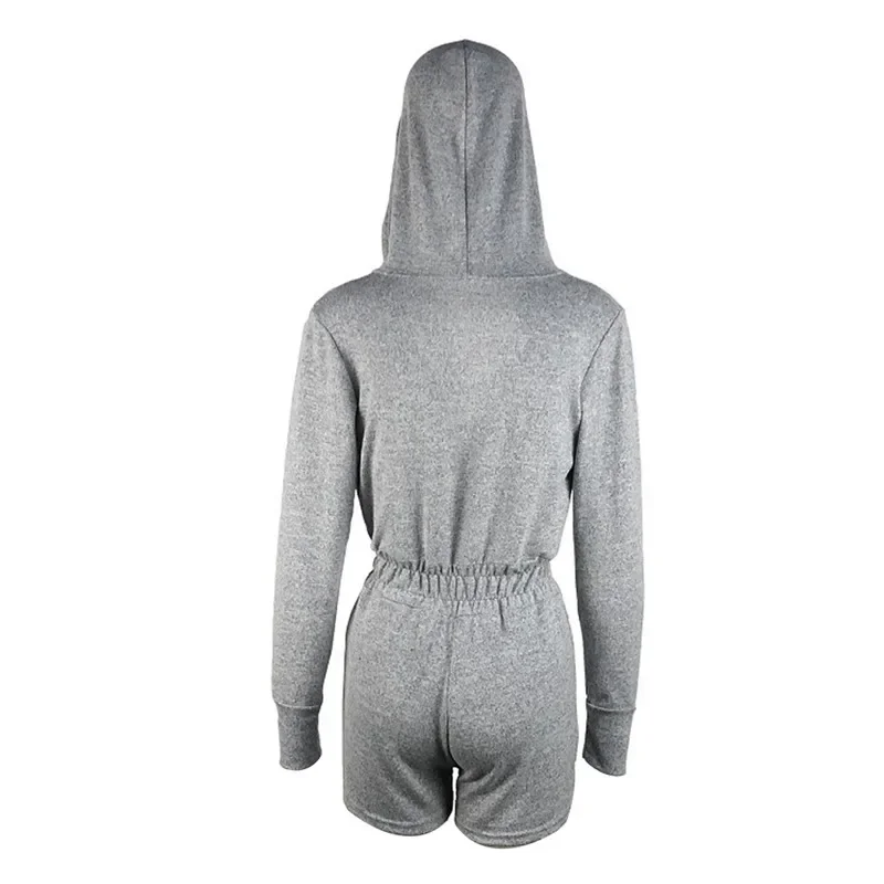 Casual Solid Color Jumpsuit Autumn Summer Clothes Suit Long-sleeved Zipper Hooded Knitted Long-sleeved Sports Jumpsuit Shorts